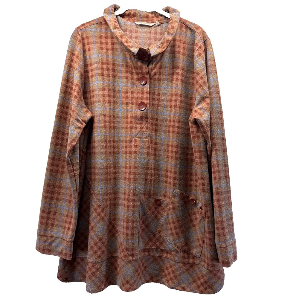 Soft Surroundings Women's Tunic Top XL Orange Plaid Buttons Pockets Artsy Boho